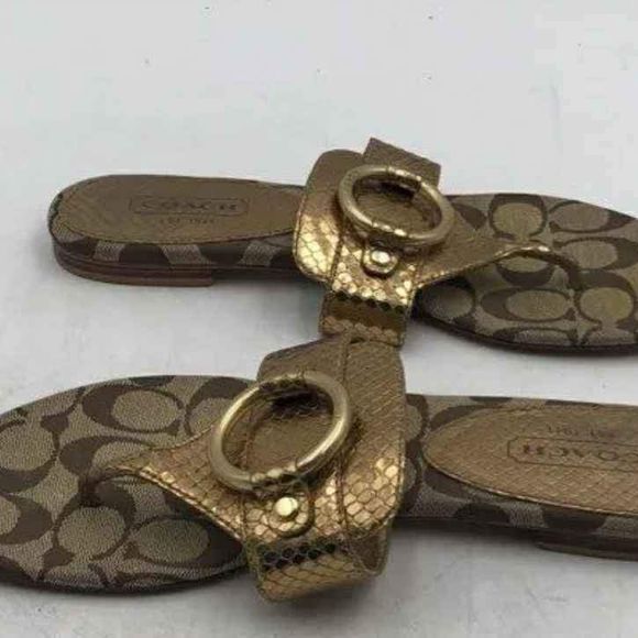Coach Designer MONOGRAM TStrap Sandals with Logo Pattern / Brown & Gold - Size 9 - Picture 2 of 7